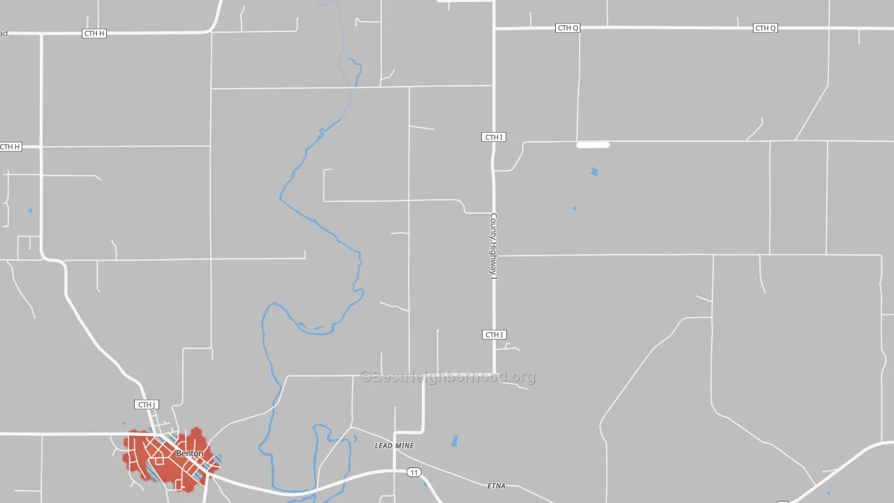 Walk Grade map of Lead Mine, WI, walkable areas in green and car-dependent areas in red