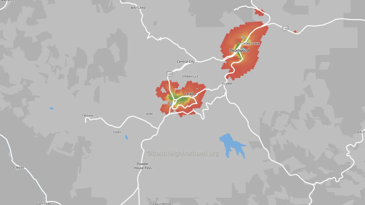 Walk Grade map of Lead, SD, walkable areas in green and car-dependent areas in red