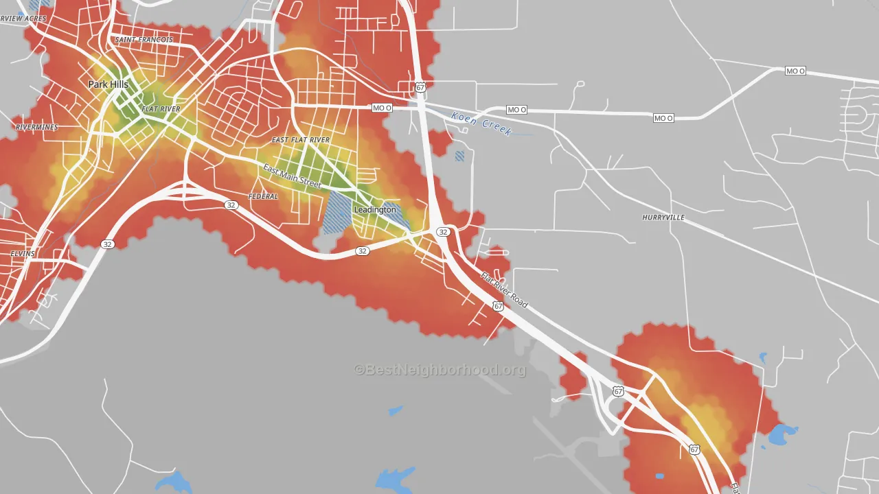 Walk Grade map of Leadington, MO, walkable areas in green and car-dependent areas in red