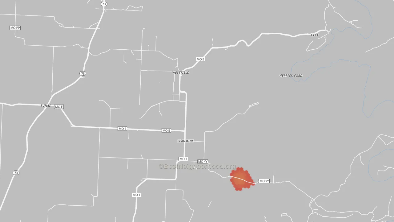 Walk Grade map of Leadmine, MO, walkable areas in green and car-dependent areas in red