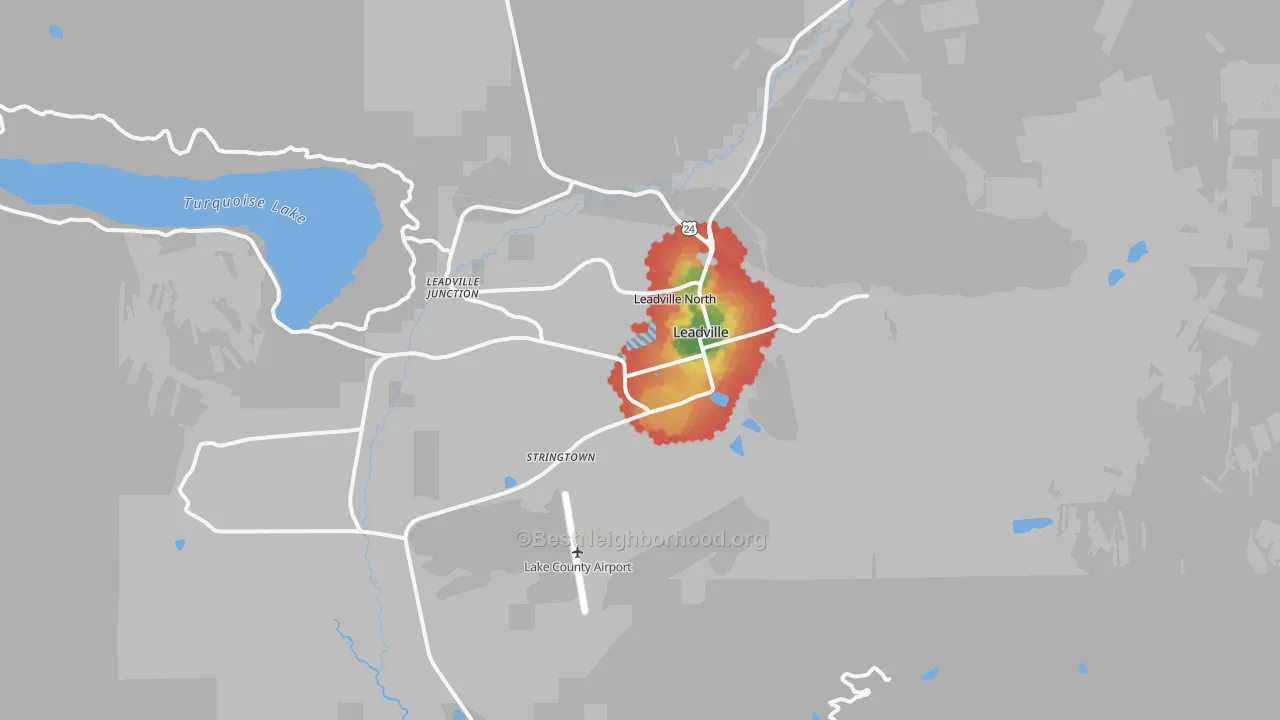 Walk Grade map of Leadville, CO, walkable areas in green and car-dependent areas in red