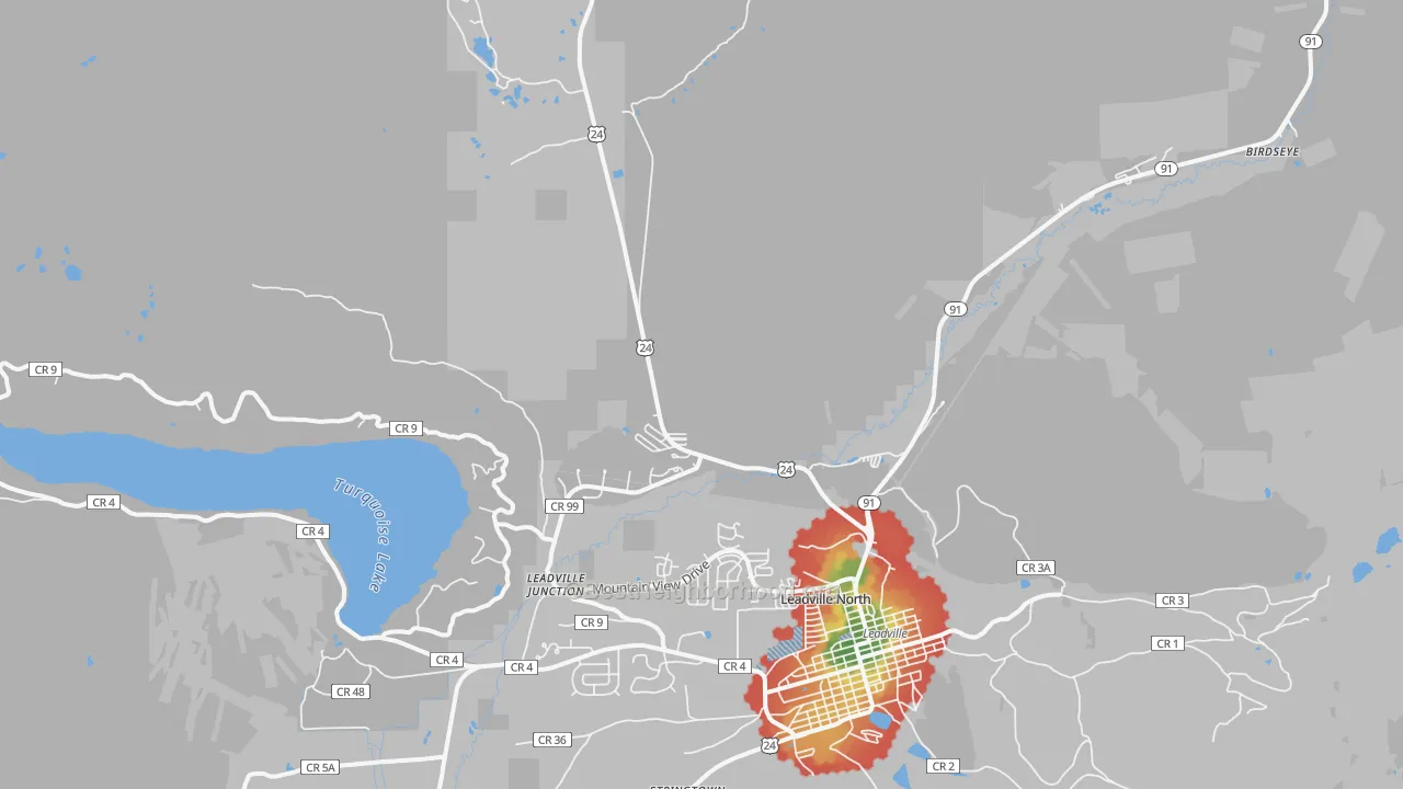 Walk Grade map of Leadville North, CO, walkable areas in green and car-dependent areas in red