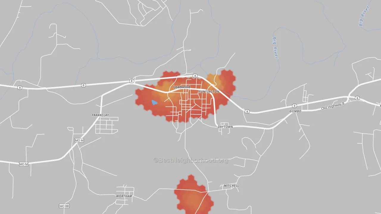 Walk Grade map of Leadwood, MO, walkable areas in green and car-dependent areas in red