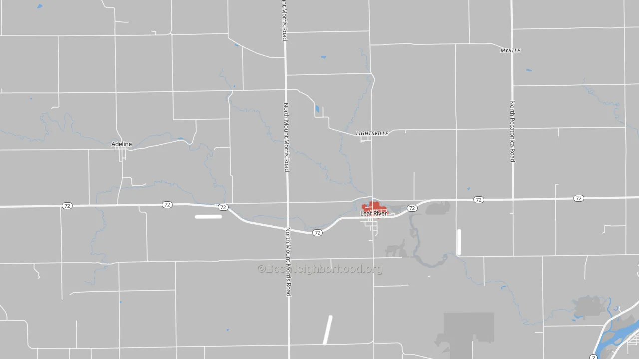 Walk Grade map of Leaf River, IL, walkable areas in green and car-dependent areas in red