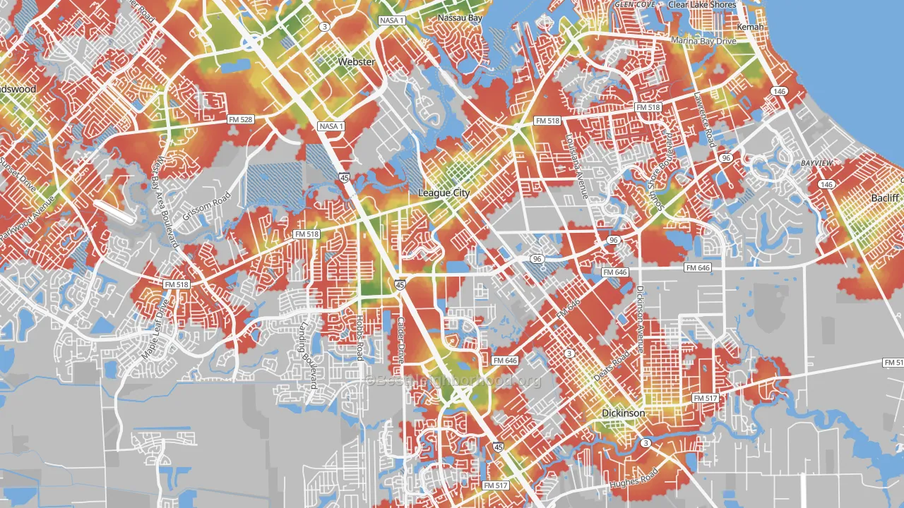 Walk Grade map of League City, TX, walkable areas in green and car-dependent areas in red