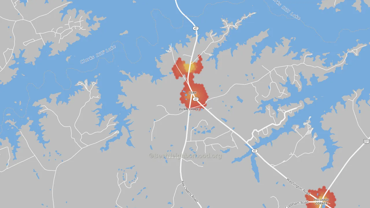 Walk Grade map of Leah, GA, walkable areas in green and car-dependent areas in red