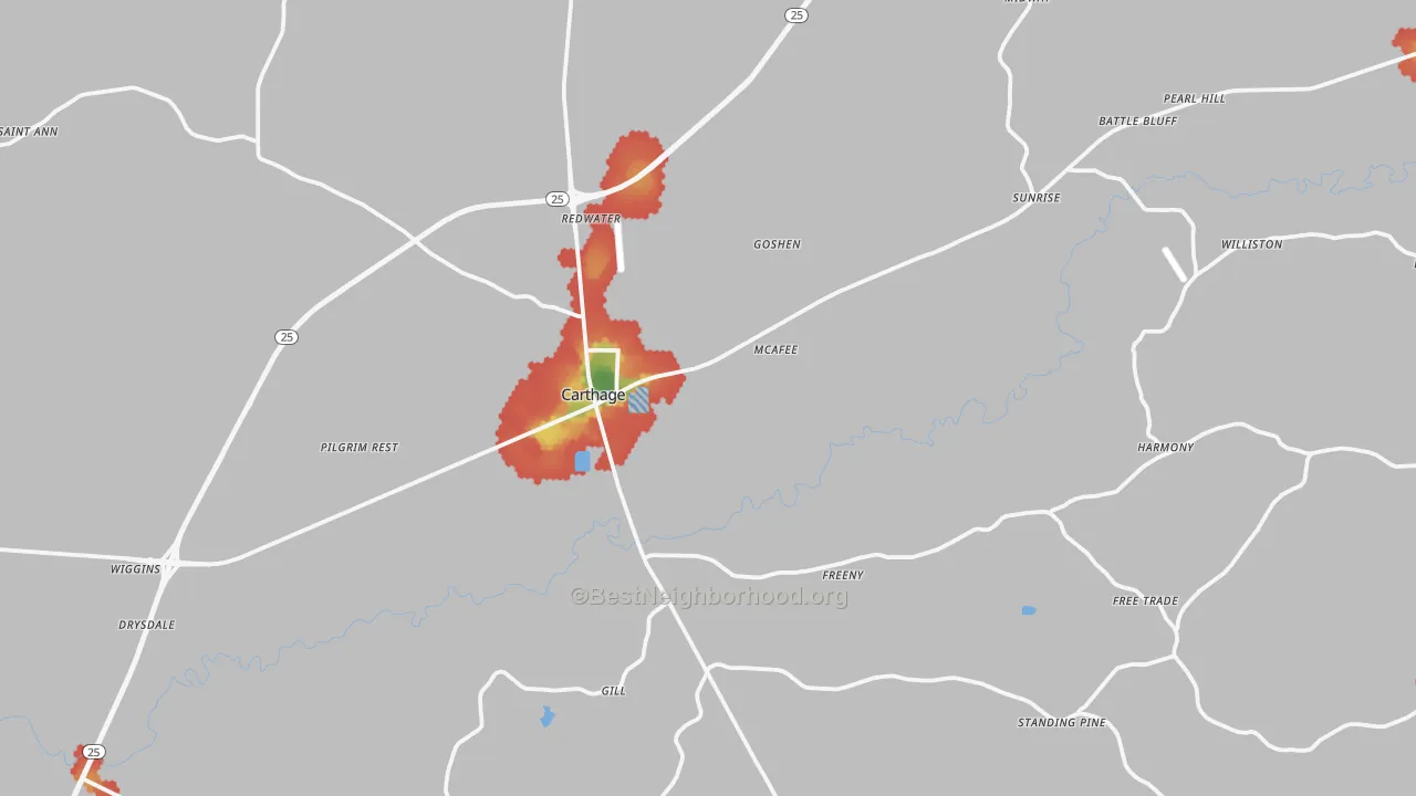 Walk Grade map of Leake County, MS, walkable areas in green and car-dependent areas in red