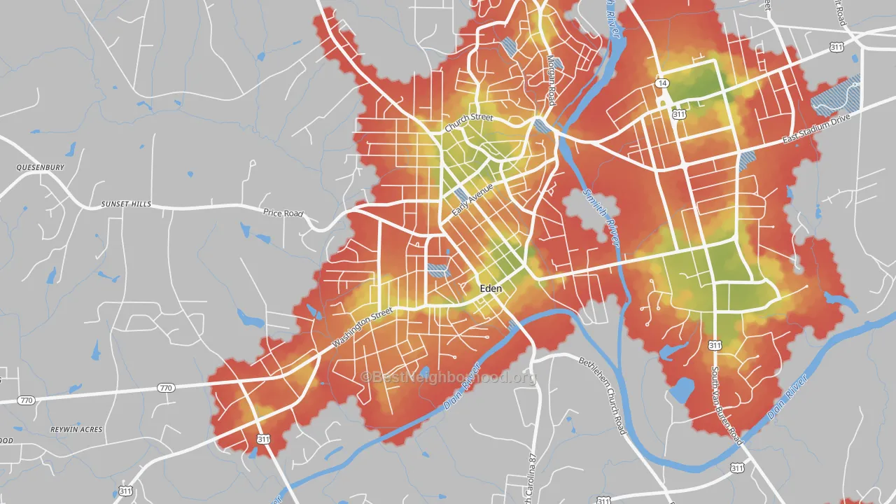Walk Grade map of Leaksville, Eden, NC, walkable areas in green and car-dependent areas in red