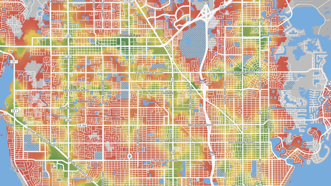 Walk Grade map of Lealman, FL, walkable areas in green and car-dependent areas in red