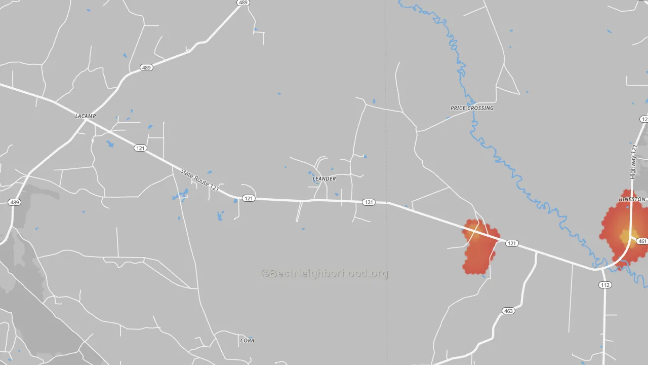 Walk Grade map of Leander, LA, walkable areas in green and car-dependent areas in red