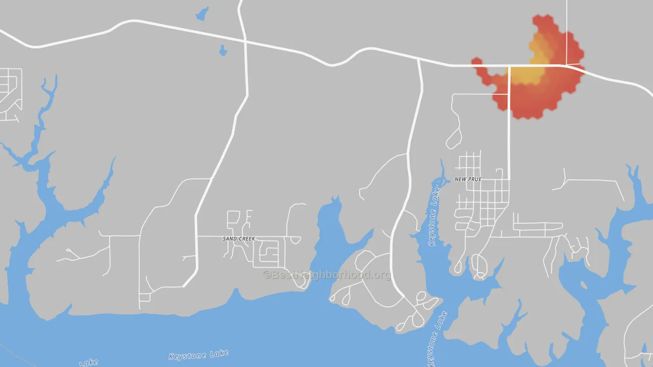 Walk Grade map of Leander, OK, walkable areas in green and car-dependent areas in red