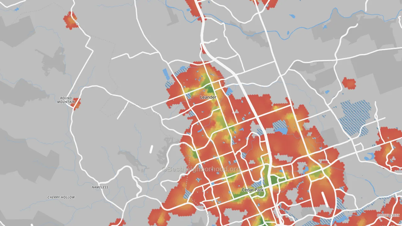Walk Grade map of Leander, TX, walkable areas in green and car-dependent areas in red