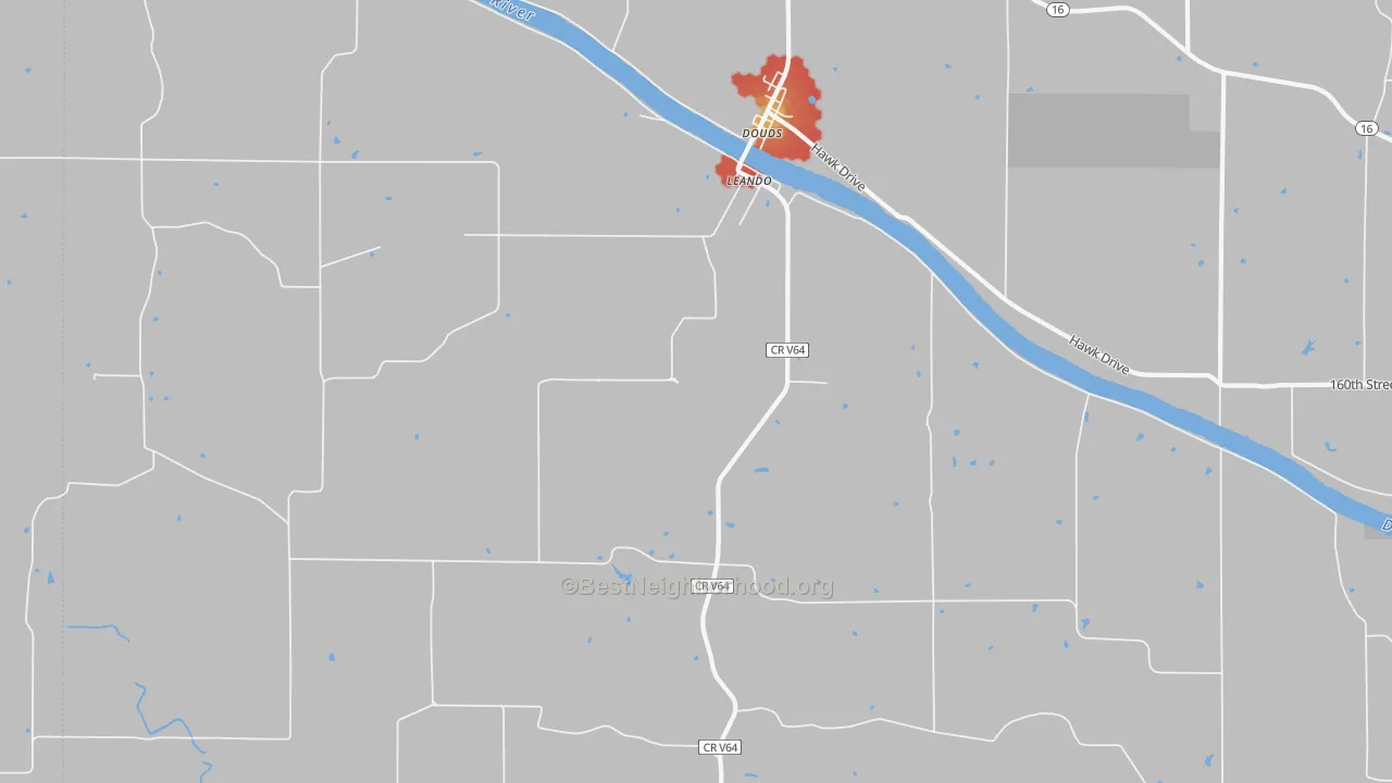 Walk Grade map of Leando, IA, walkable areas in green and car-dependent areas in red