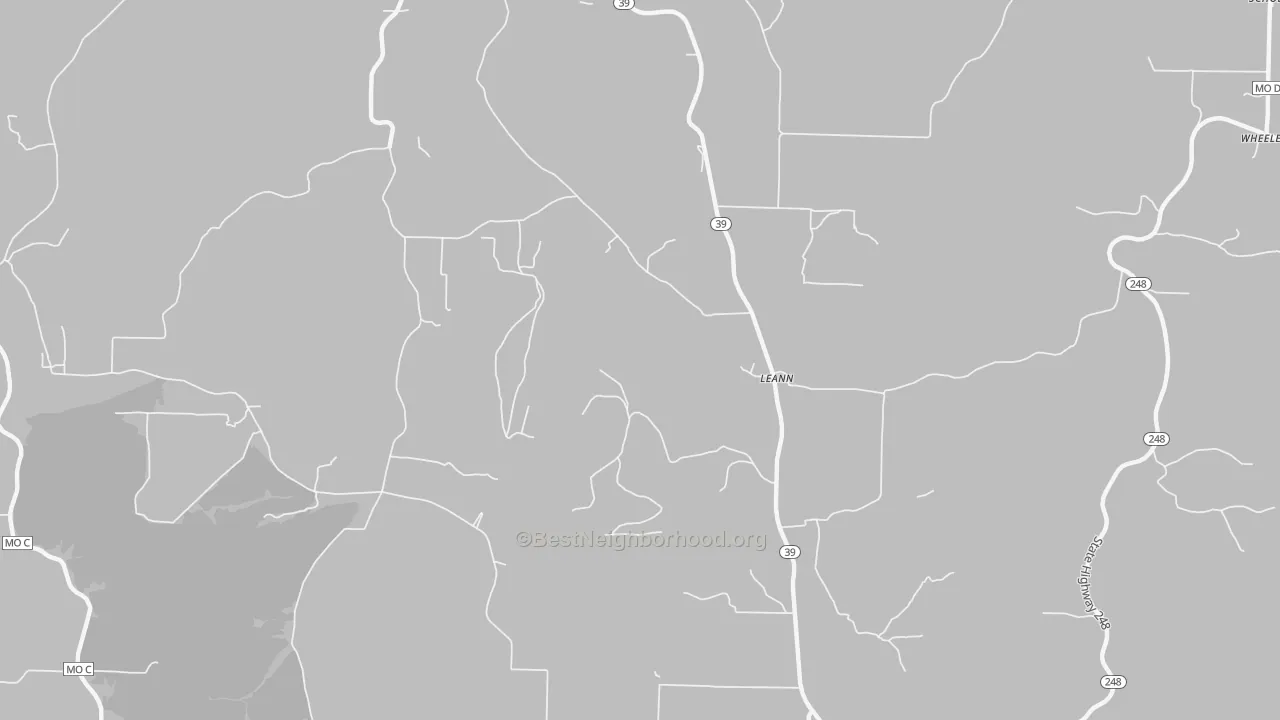 Walk Grade map of Leann, MO, walkable areas in green and car-dependent areas in red