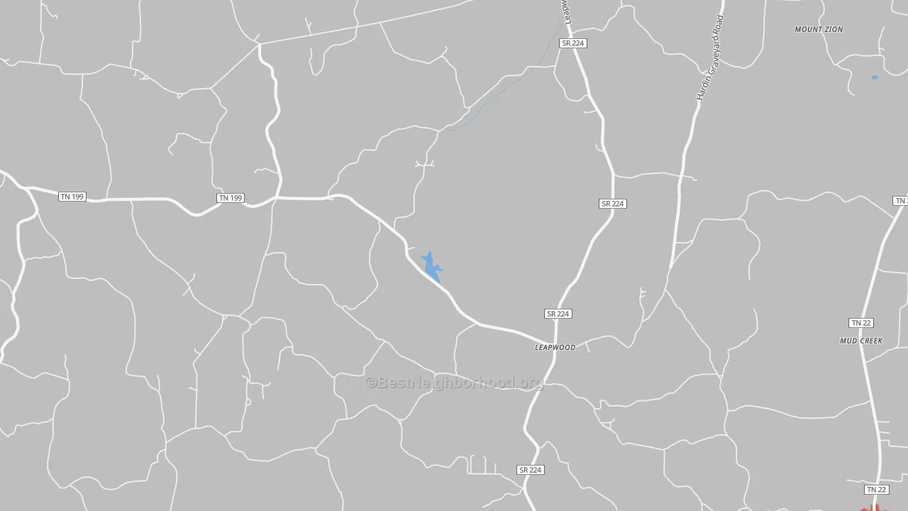 Walk Grade map of Leapwood, TN, walkable areas in green and car-dependent areas in red
