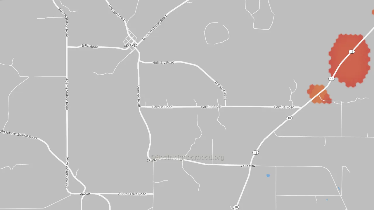 Walk Grade map of Learned, MS, walkable areas in green and car-dependent areas in red