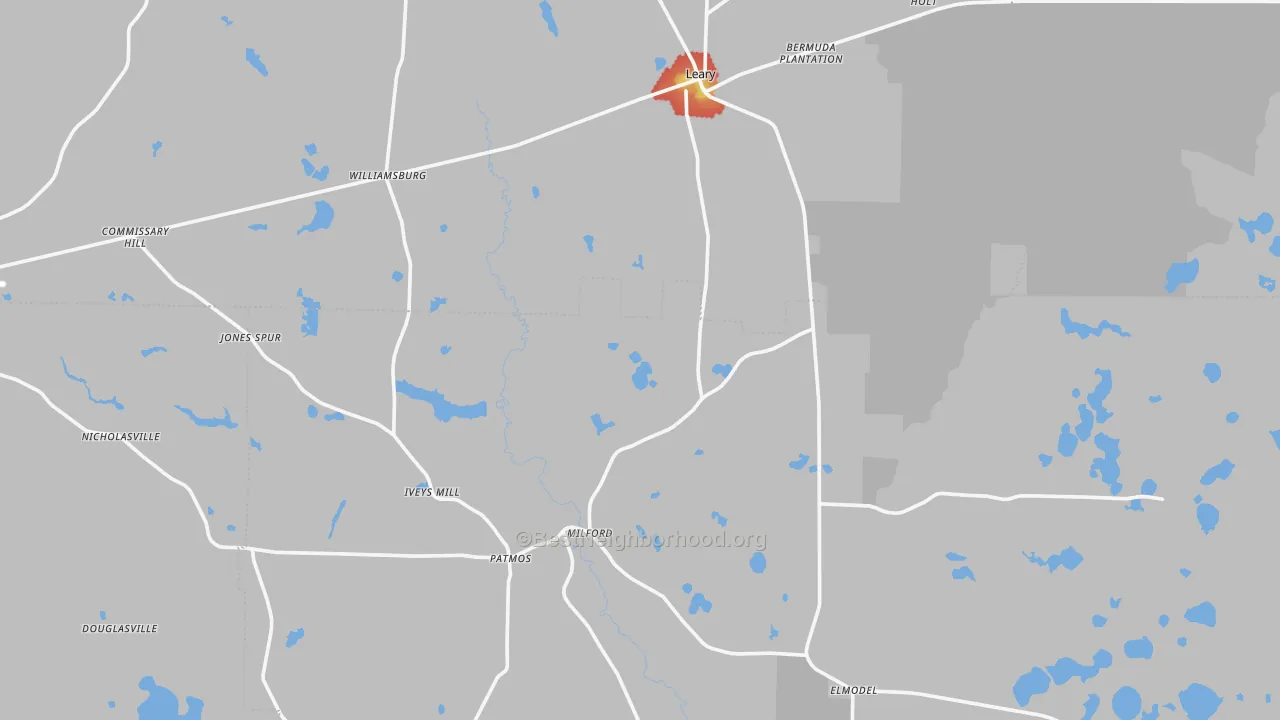 Walk Grade map of Leary, GA, walkable areas in green and car-dependent areas in red