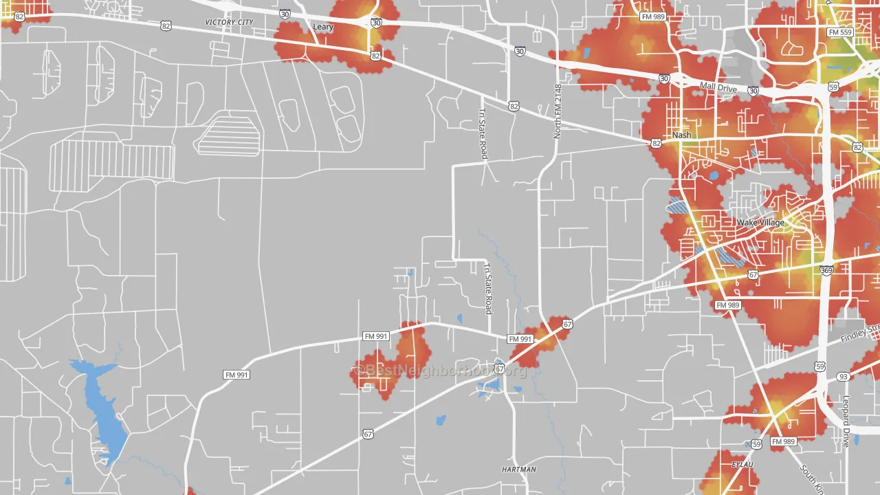 Walk Grade map of Leary, TX, walkable areas in green and car-dependent areas in red