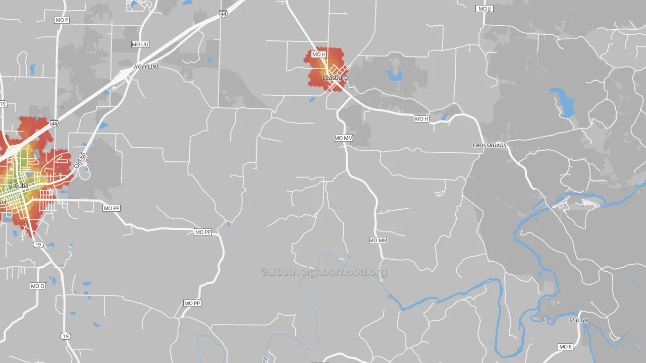 Walk Grade map of Leasburg, MO, walkable areas in green and car-dependent areas in red