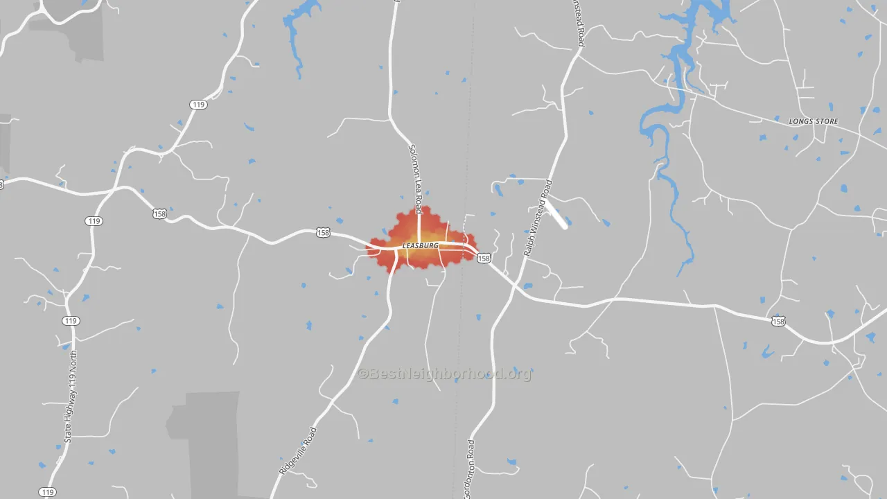 Walk Grade map of Leasburg, NC, walkable areas in green and car-dependent areas in red