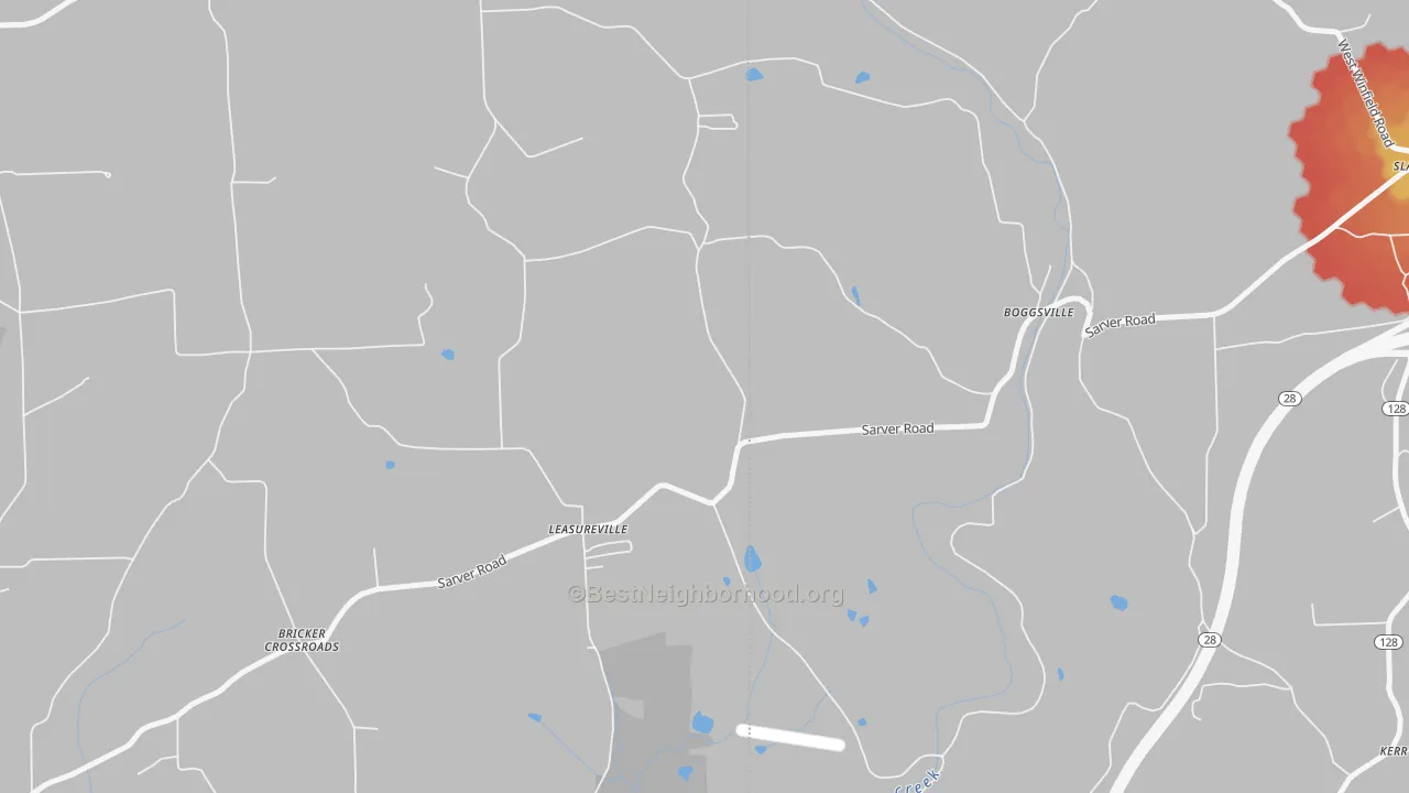 Walk Grade map of Leasuresville, PA, walkable areas in green and car-dependent areas in red