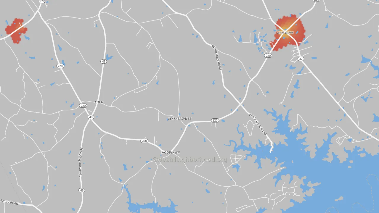 Walk Grade map of Leathersville, GA, walkable areas in green and car-dependent areas in red