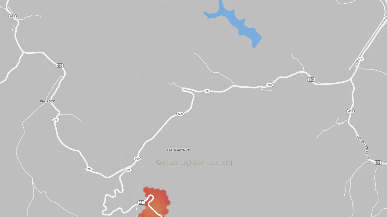 Walk Grade map of Leatherwood, KY, walkable areas in green and car-dependent areas in red