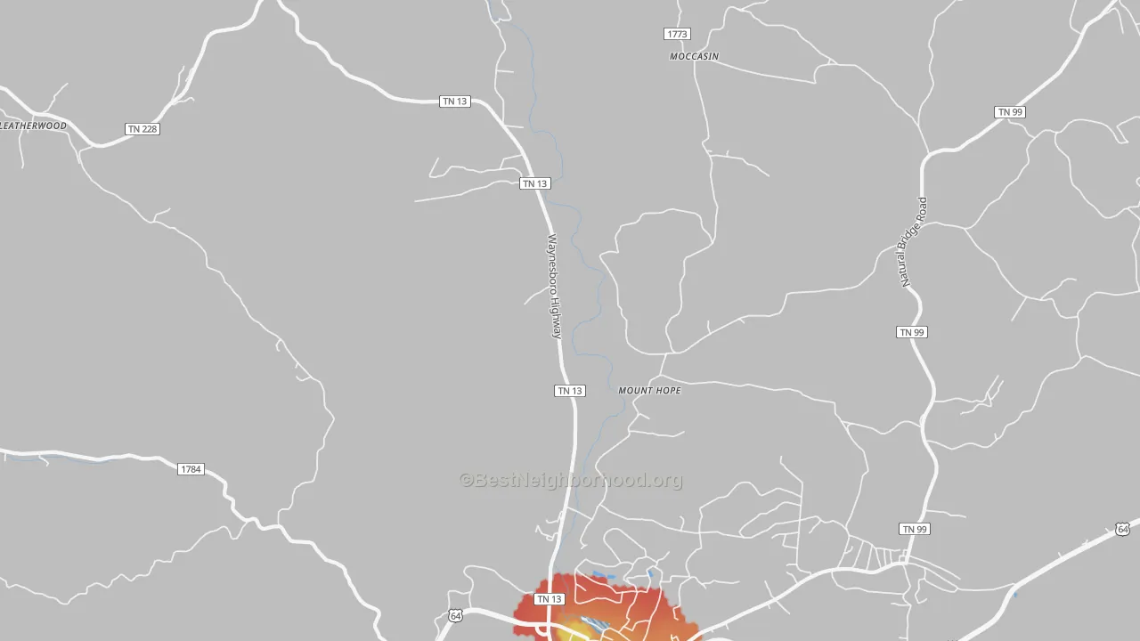 Walk Grade map of Leatherwood, TN, walkable areas in green and car-dependent areas in red