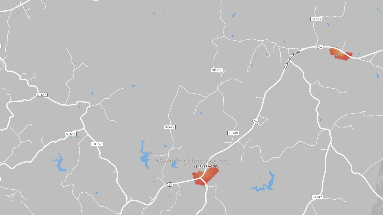 Walk Grade map of Leatherwood, VA, walkable areas in green and car-dependent areas in red