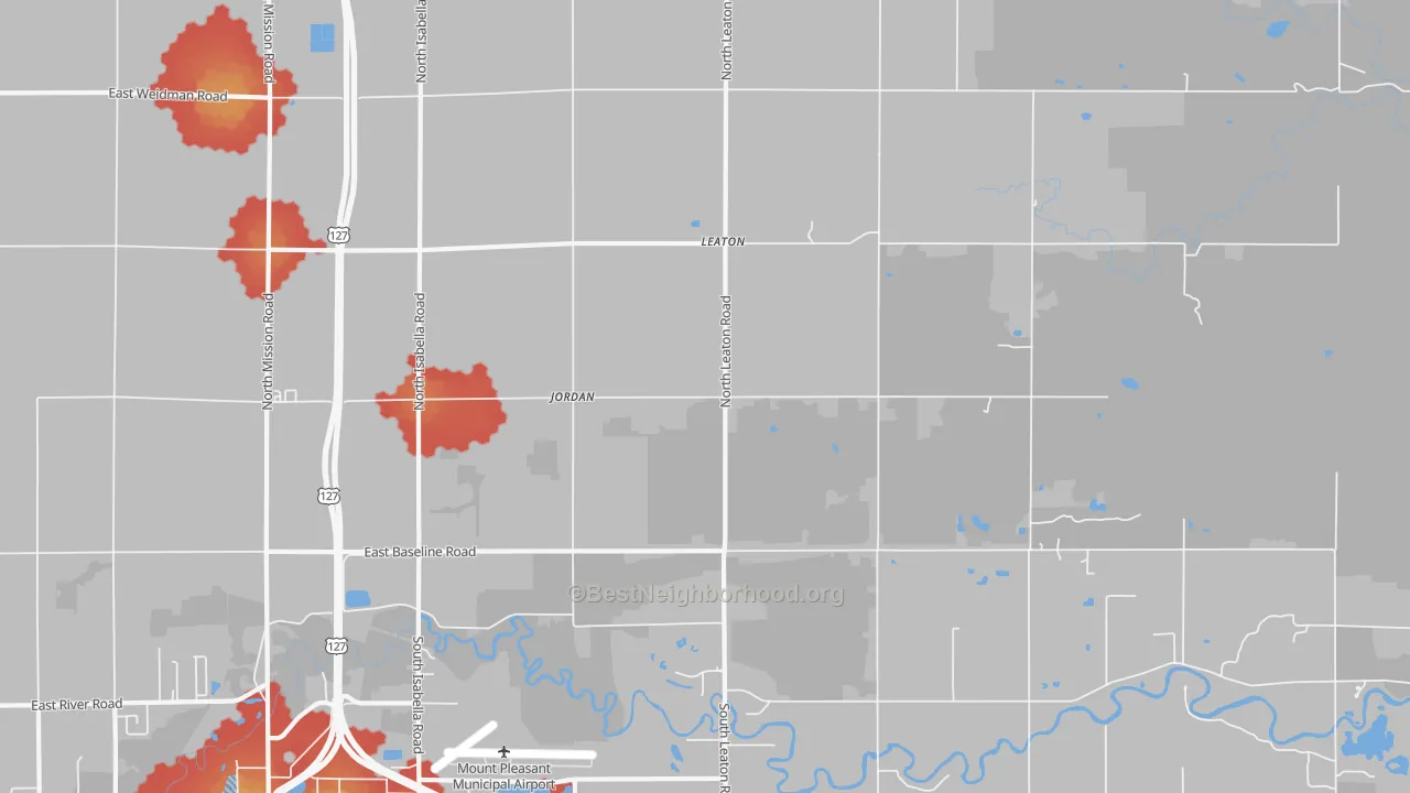 Walk Grade map of Leaton, MI, walkable areas in green and car-dependent areas in red