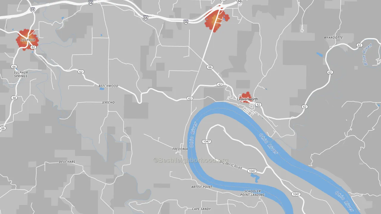 Walk Grade map of Leavenworth, IN, walkable areas in green and car-dependent areas in red