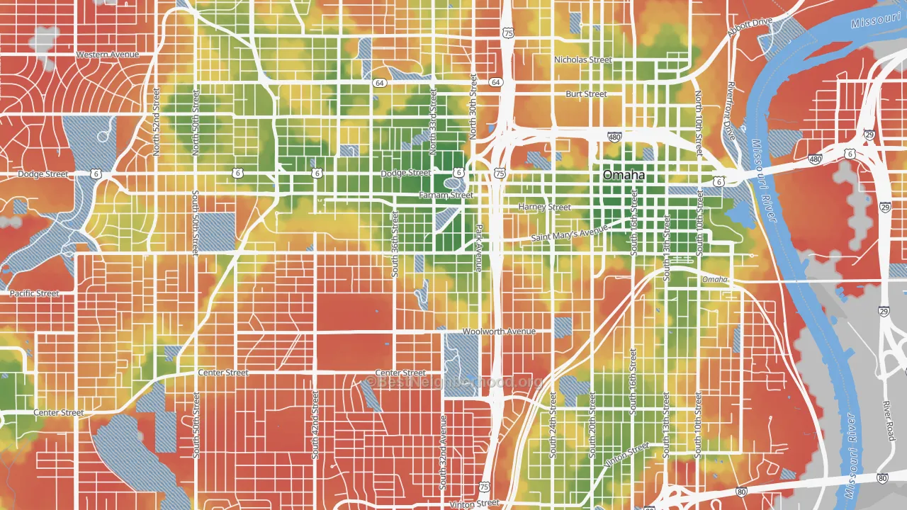 Walk Grade map of Leavenworth, Omaha, NE, walkable areas in green and car-dependent areas in red