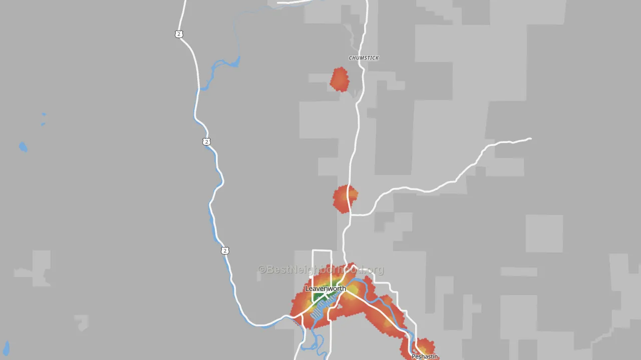 Walk Grade map of Leavenworth, WA, walkable areas in green and car-dependent areas in red