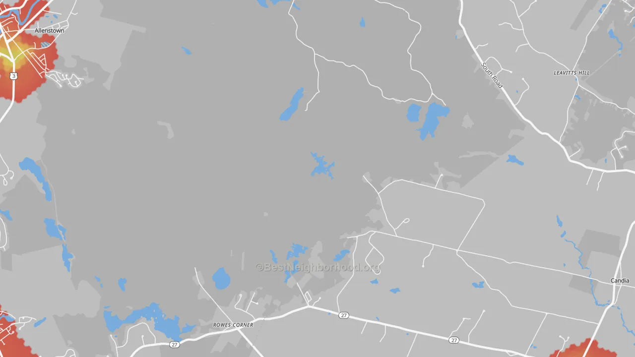 Walk Grade map of Leavitts Hill, NH, walkable areas in green and car-dependent areas in red