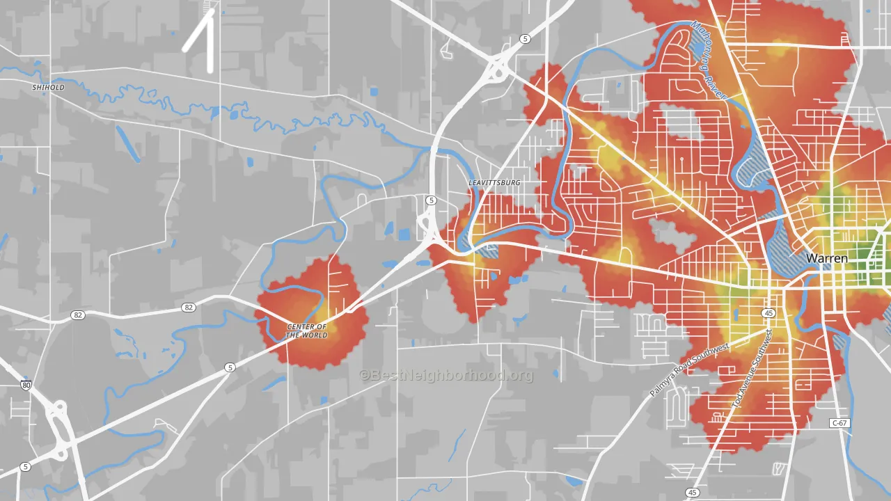 Walk Grade map of Leavittsburg, OH, walkable areas in green and car-dependent areas in red