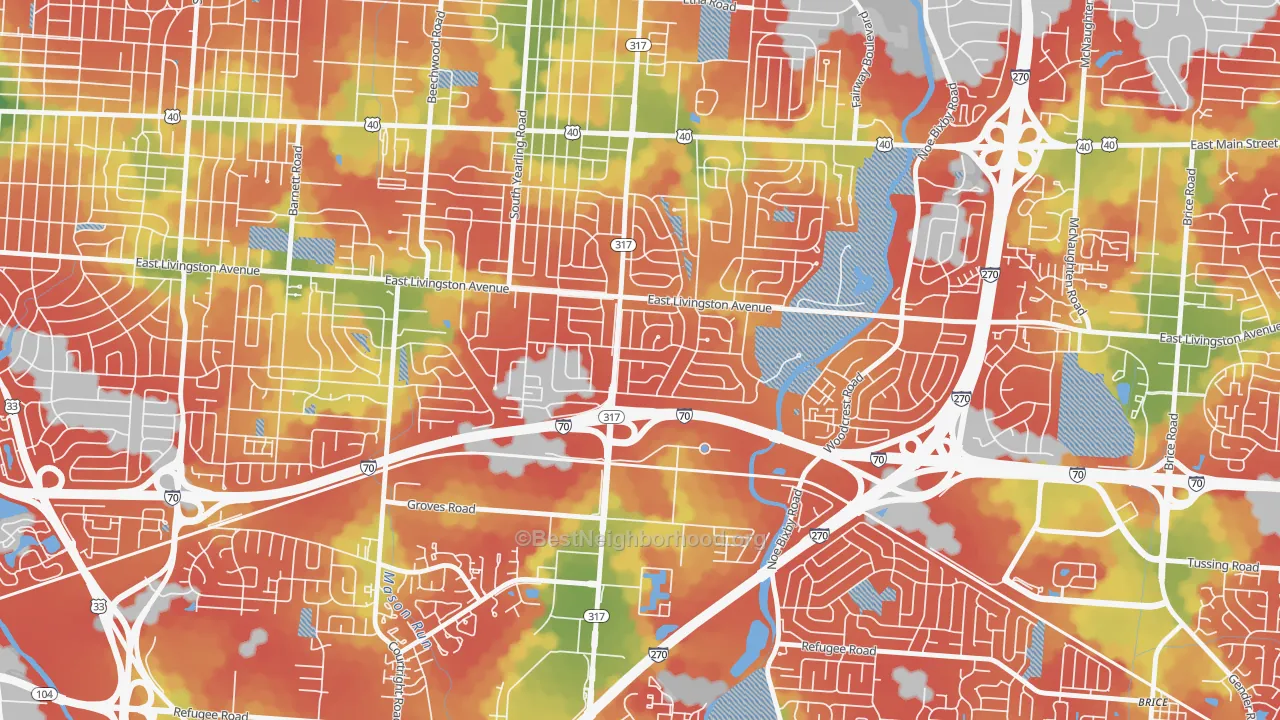 Walk Grade map of Leawood, Columbus, OH, walkable areas in green and car-dependent areas in red