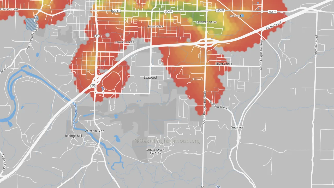 Walk Grade map of Leawood, MO, walkable areas in green and car-dependent areas in red