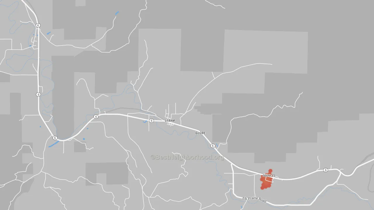 Walk Grade map of Lebam, WA, walkable areas in green and car-dependent areas in red
