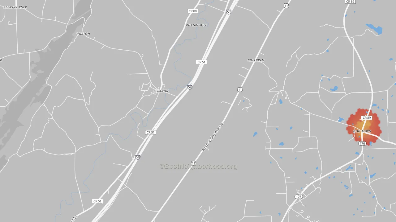 Walk Grade map of Lebanon, AL, walkable areas in green and car-dependent areas in red