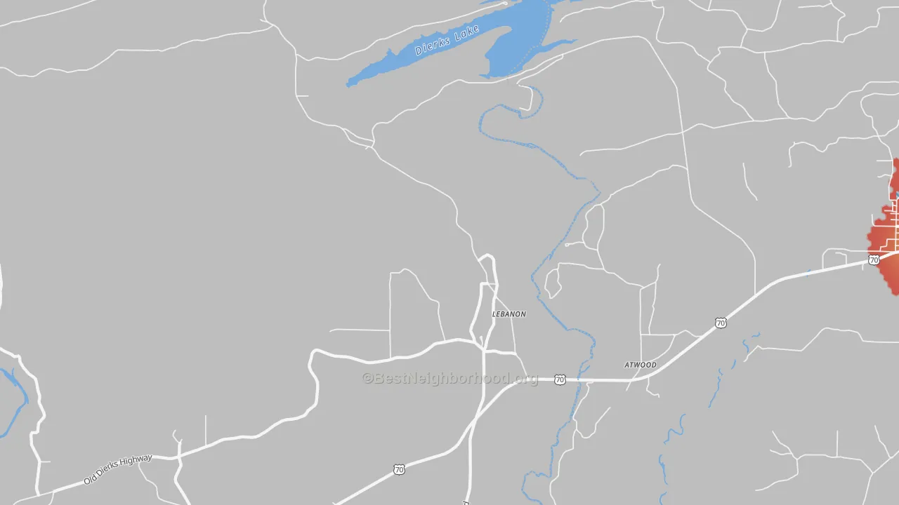Walk Grade map of Lebanon, AR, walkable areas in green and car-dependent areas in red