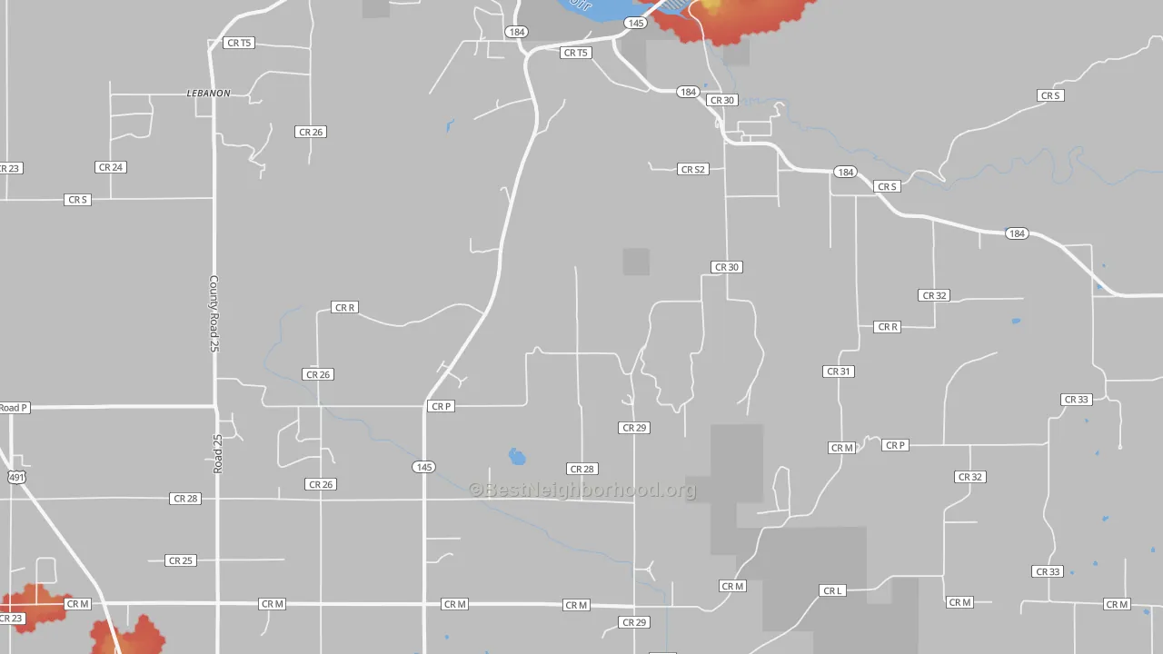 Walk Grade map of Lebanon, CO, walkable areas in green and car-dependent areas in red