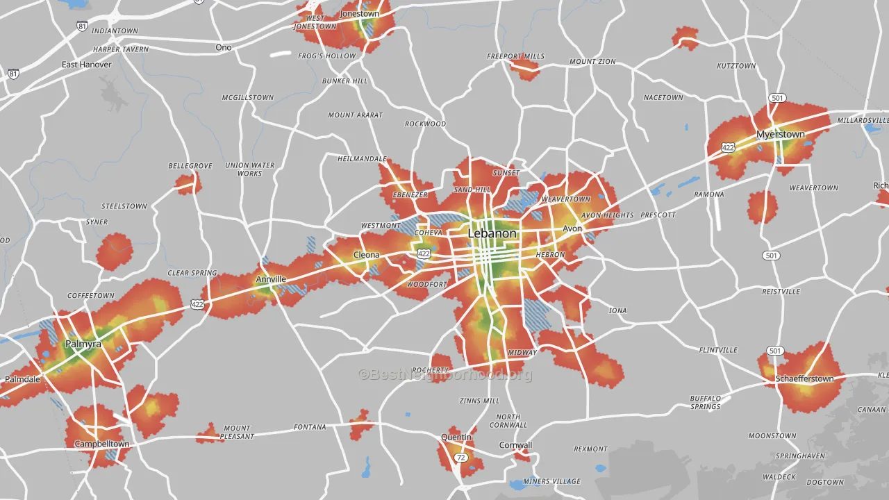 Walk Grade map of Lebanon County, PA, walkable areas in green and car-dependent areas in red