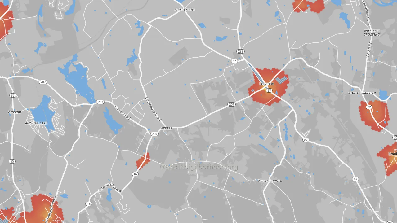 Walk Grade map of Lebanon, CT, walkable areas in green and car-dependent areas in red