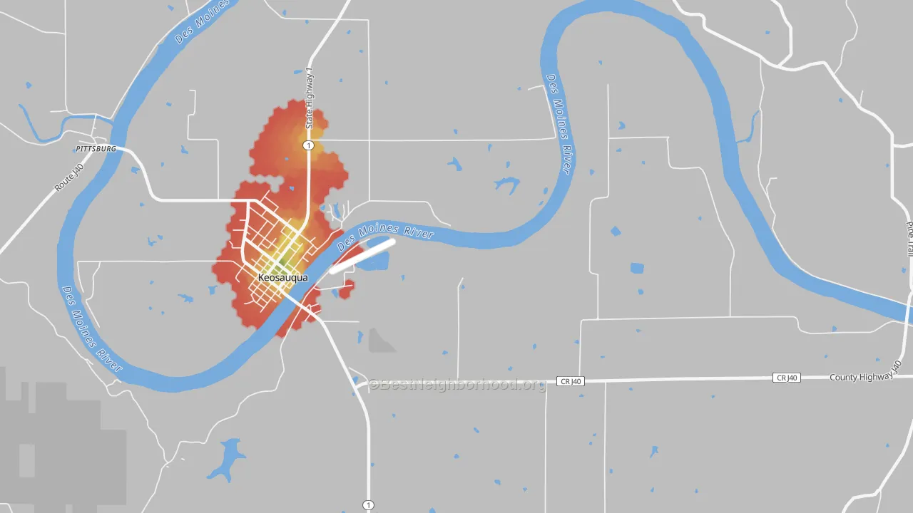 Walk Grade map of Lebanon, IA, walkable areas in green and car-dependent areas in red