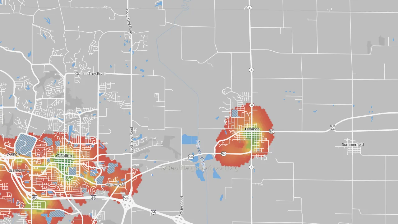 Walk Grade map of Lebanon, IL, walkable areas in green and car-dependent areas in red