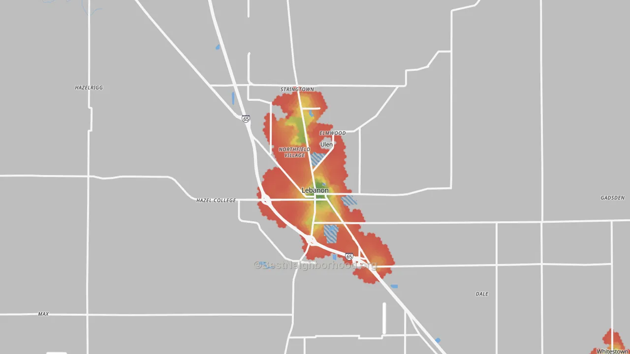 Walk Grade map of Lebanon, IN, walkable areas in green and car-dependent areas in red