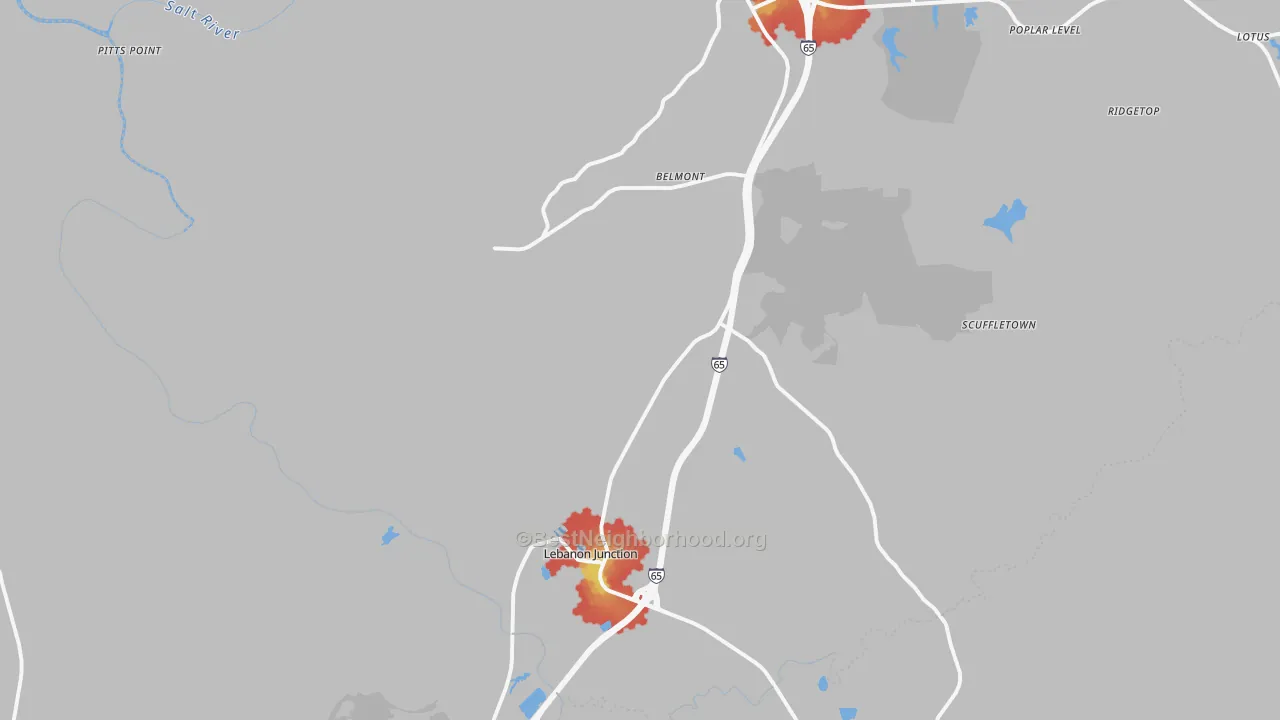Walk Grade map of Lebanon Junction, KY, walkable areas in green and car-dependent areas in red