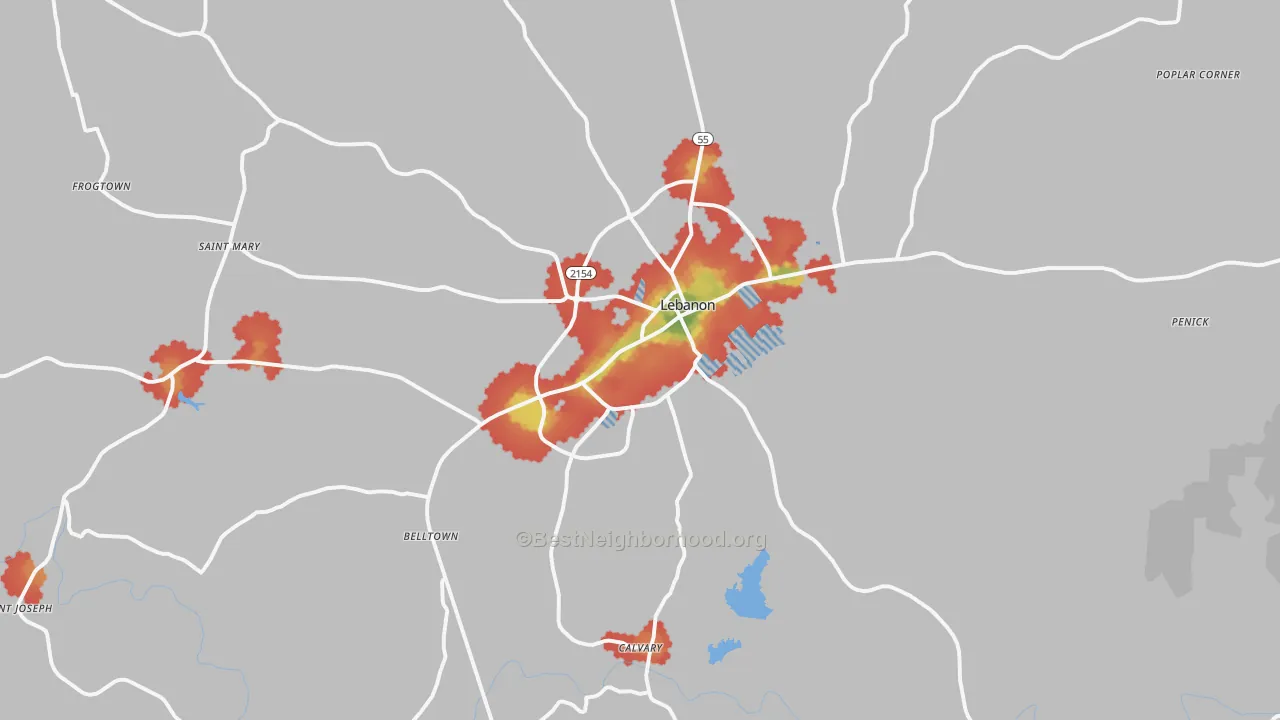 Walk Grade map of Lebanon, KY, walkable areas in green and car-dependent areas in red