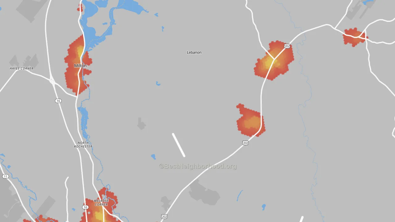 Walk Grade map of Lebanon, ME, walkable areas in green and car-dependent areas in red