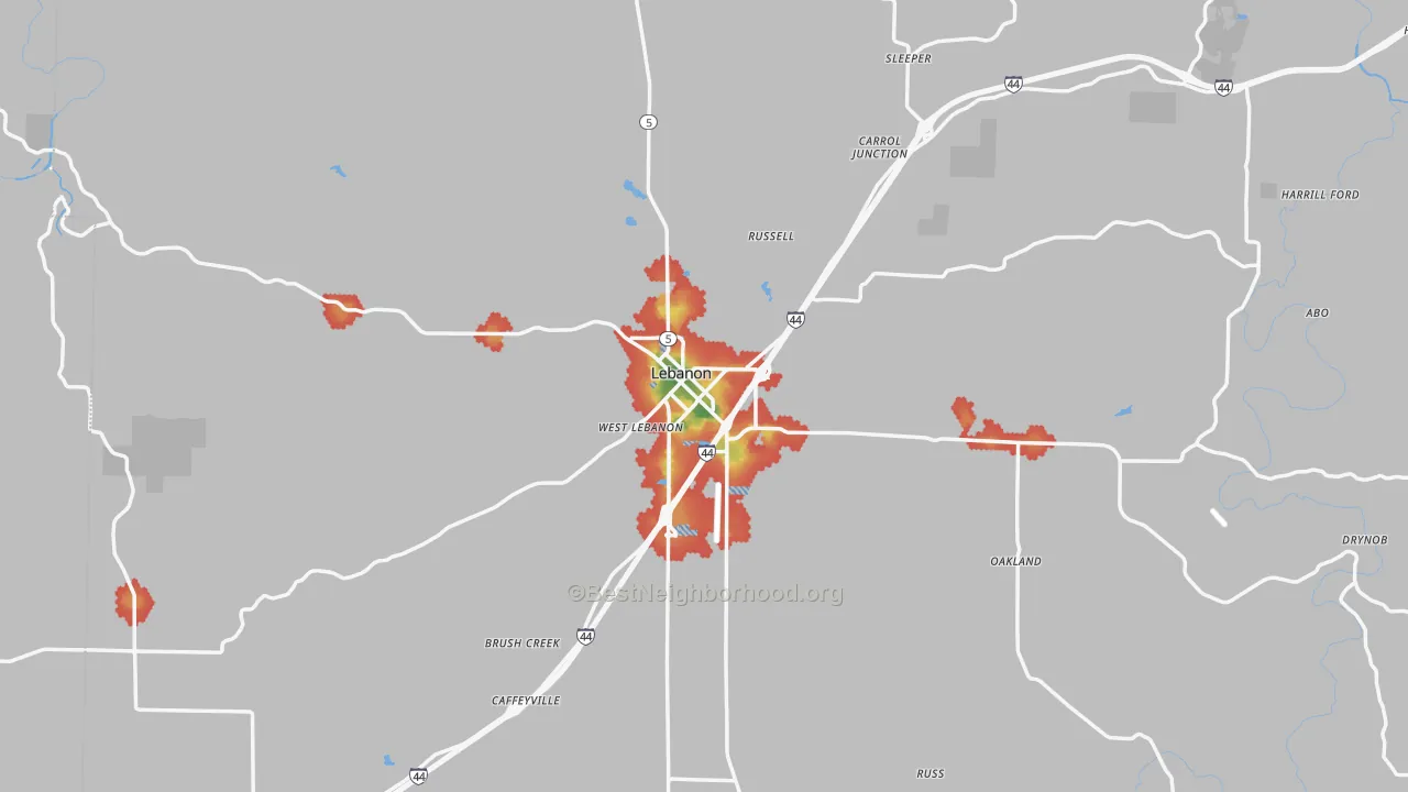 Walk Grade map of Lebanon, MO, walkable areas in green and car-dependent areas in red